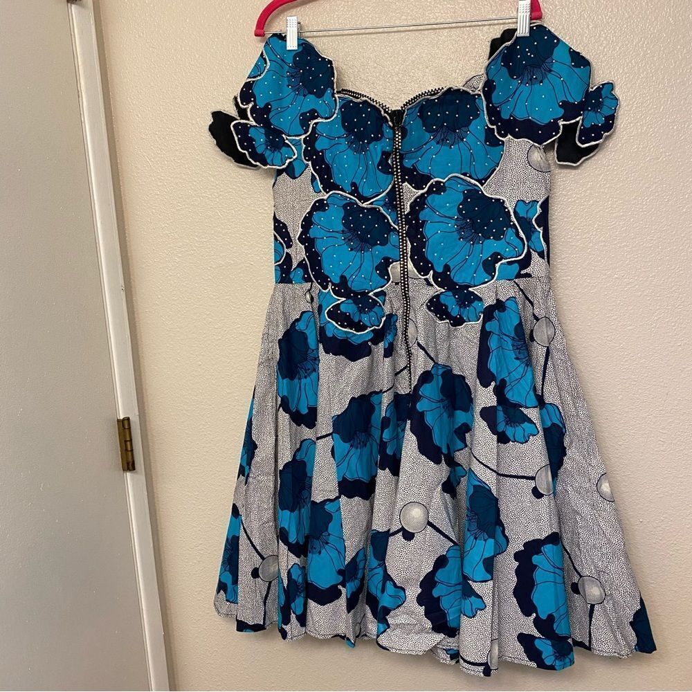 OOAK Custom Blue Floral Rhinestone Rockabilly Pin Up coquette Party Dress 12-14 - Picture 7 of 15